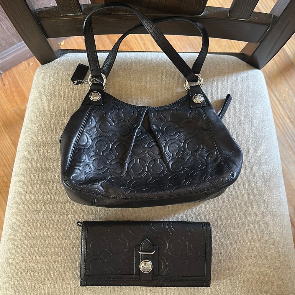 Coach Mia Leather Embossed Mini Maggie Bag Purse Matching Wallet Black Small